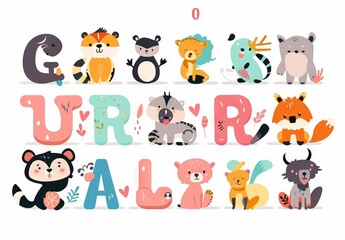 vector flat cute cartoon animals alphabet clipart set, "all adorable vector Flat cartoon animal letters of the English language on transparent background PNG file, high resolution, detailed and sharp 