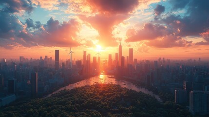 Futuristic Cityscape with Wind Turbines at Sunset