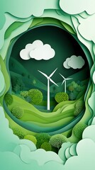 Simplified paper art scene featuring an eco-friendly circular design with wind turbines, trees, and greenery in the background.