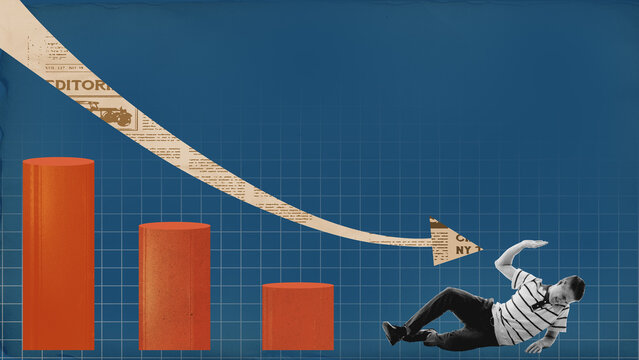Man falling with graph declining symbolizing economic downturns, financial crisis and challenges in business. Contemporary art collage. Concept of business, progress, ups and downs, failure
