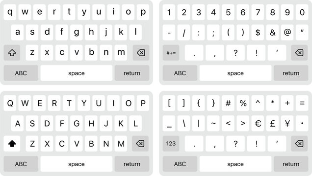 Smartphone keyboard. Light alphabet buttons. Keypad symbol modern simple vector icon. Numeric, uppercase lowercase symbols keys. Phone mockup