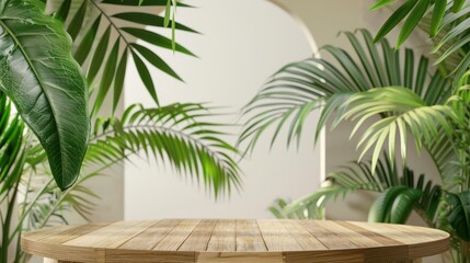 Tropical leaves framing a wooden podium, arch in background, serene atmosphere, natural lighting, minimalist nature design