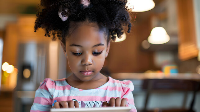 African American girl using digital tablet for homework. generative ai.