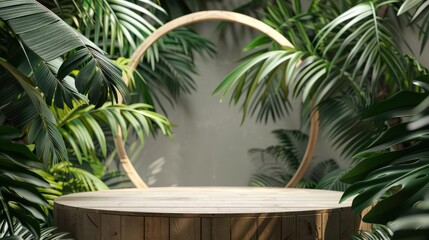 Fototapeta premium Tropical leaves framing a wooden podium, arch in background, serene atmosphere, natural lighting, minimalist nature design