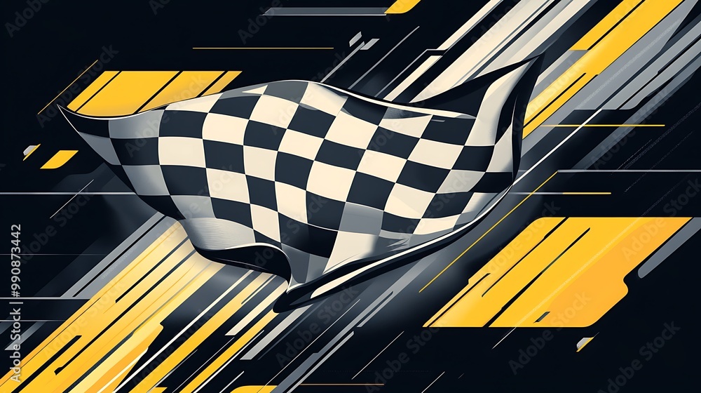 Poster A checkered flag waving in the wind against a dark background with yellow and gray stripes.