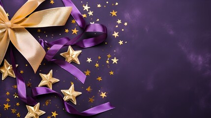 Gold and purple Christmas Flat Lay mockup with star ornaments and ribbons background product photography, HD, purple flat lay background copy space for text
