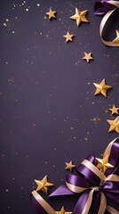 Fototapeta premium Gold and purple Christmas Flat Lay mockup with star ornaments and ribbons background product photography, HD, purple flat lay background copy space for text