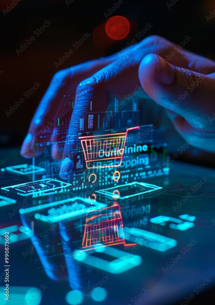 Poster hands interacting with a glowing holographic shopping cart display in a modern digital shopping envi