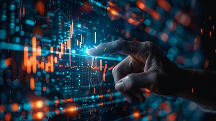 A hand interacts with digital data visualizations representing financial trends and analytics in a futuristic setting