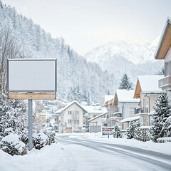 A blank billboard in a snowy mountain village surrounded by pine trees and snow covered rooftops a cozy winter scene waiting for a message