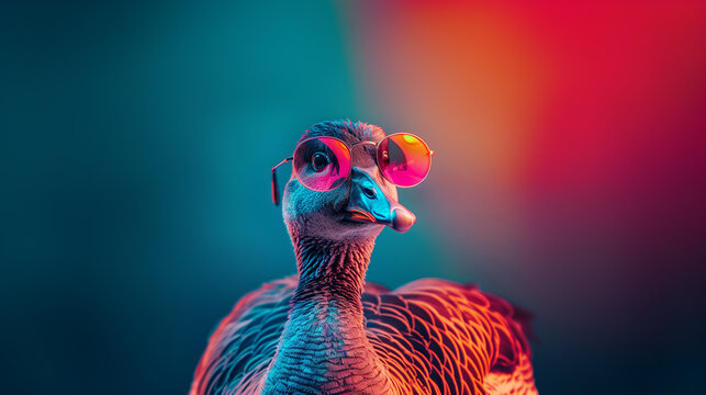Funky goose with modern sunglasses in front of a neon background