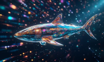 A holographic shark swims in a galaxy of lights.