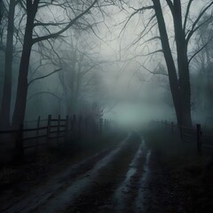 Obraz premium Foggy eerie forest with bare trees at night