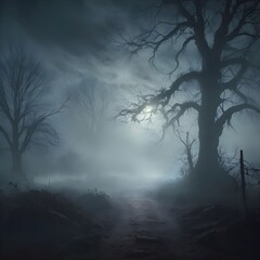 Foggy eerie forest with bare trees at night