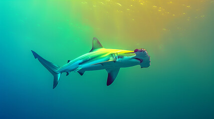 A hammerhead shark underwater, neon background