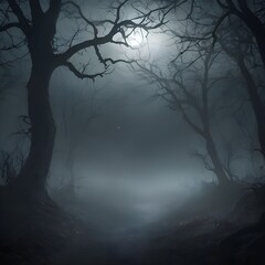Foggy eerie forest with bare trees at night