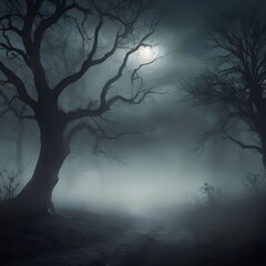 Foggy eerie forest with bare trees at night