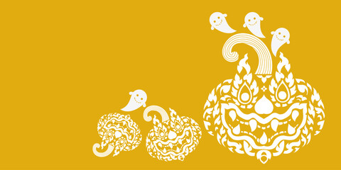 Creative Halloween pumpkins Thai style and ghosts on yellow background. Trendy print. There is space to write a message for postor, card, invitation card, advertisement.