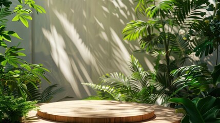 Wooden circular platform amidst vibrant green plants, soft sunlight casting shadows, nature-inspired minimalist presentation
