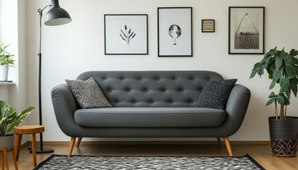 Stylish Living Room Interior with Comfortable Sofa, Houseplants, Minimalistic Decor and Floor Lamp.