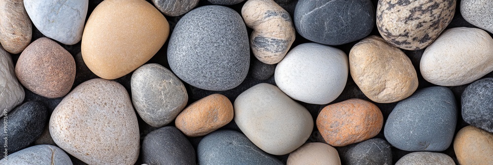 Poster a collection of round beige pebbles create a smooth, tranquil background pattern, in top view.