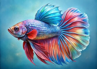 Fototapeta premium A stunning aqua creature, the betta fish boasts flowing fins and radiant scales that glimmer in the light,