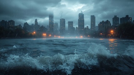 Obraz premium Flooded City with Rising Tides and Dark Clouds