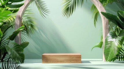 Fototapeta premium Wooden podium framed by tropical leaves, arched green background, soft sunlight, eco-friendly design for product display
