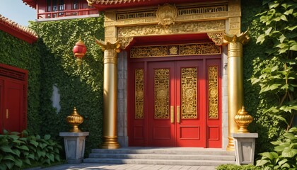 Ancient stone archway leading to a serene temple entrance