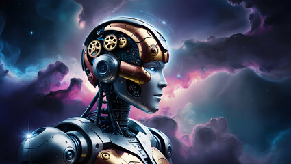 A futuristic robot with a limp head and blue eyes, this robot has a very detailed design.