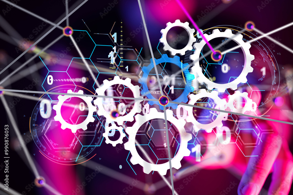 Poster Neural network 3D illustration. Big data and cybersecurity - 3d