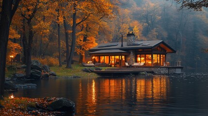 Fototapeta premium Rustic Lodge Exterior at Night with Warm Glowing Lights