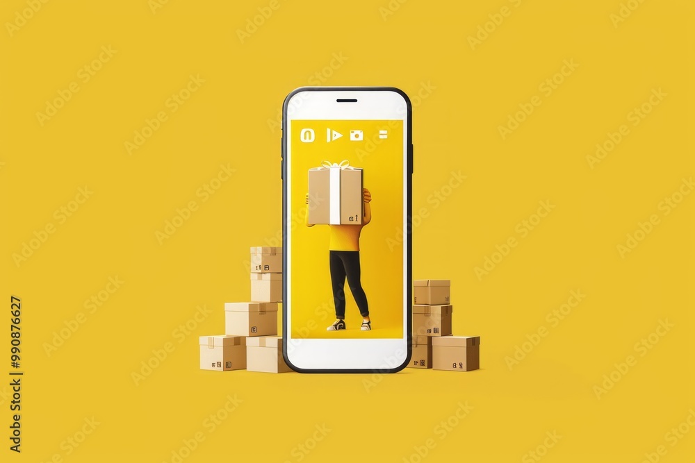 Aufkleber a person in a yellow outfit carries a large box while standing in front of a smartphone displaying a