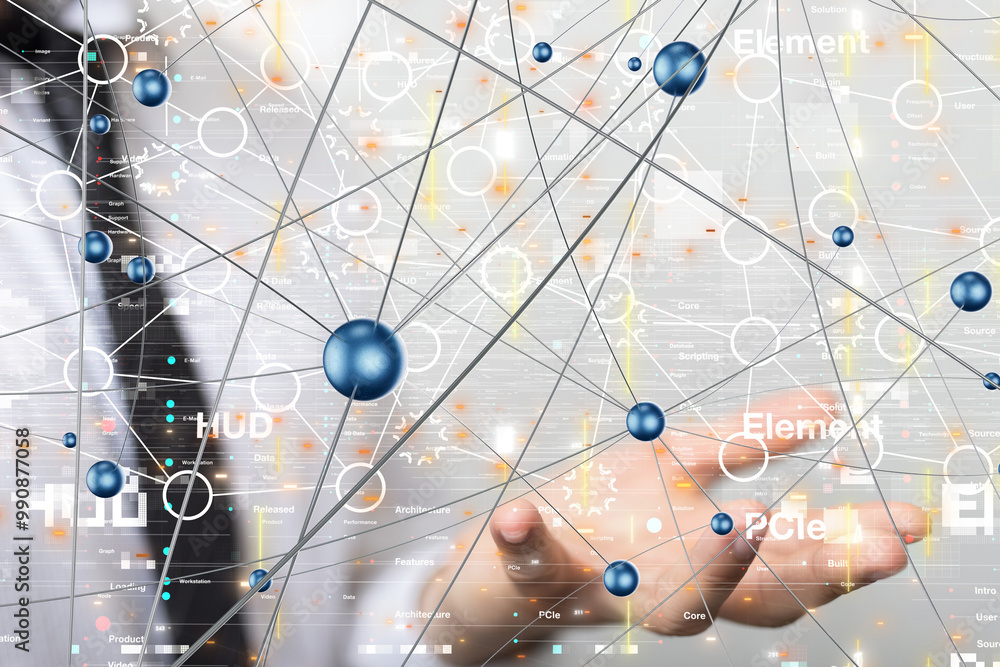 Poster Global network. Blockchain. 3D illustration. Neural networks and artificial intelligence. Abstract