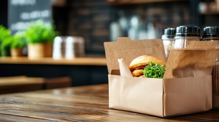 Freshly Prepared Gourmet Burger in Eco-Friendly Packaging on Wooden Table in Modern Cafe Setting