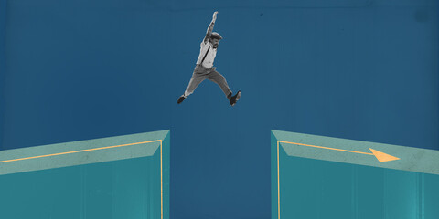 Man leaping across large gap between two platforms, representing risk-taking or bridging challenges...