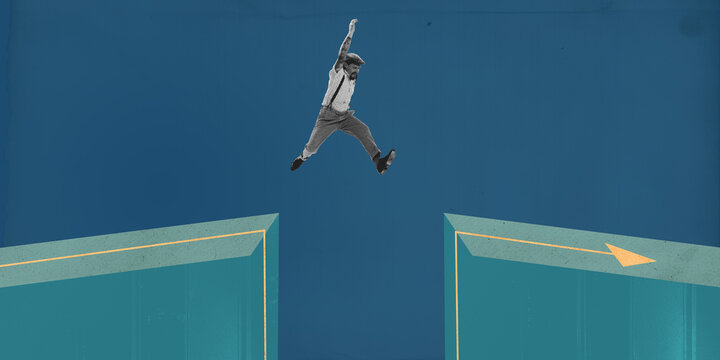 Man leaping across large gap between two platforms, representing risk-taking or bridging challenges in business and technology. Contemporary art collage. Concept of business, progress, success
