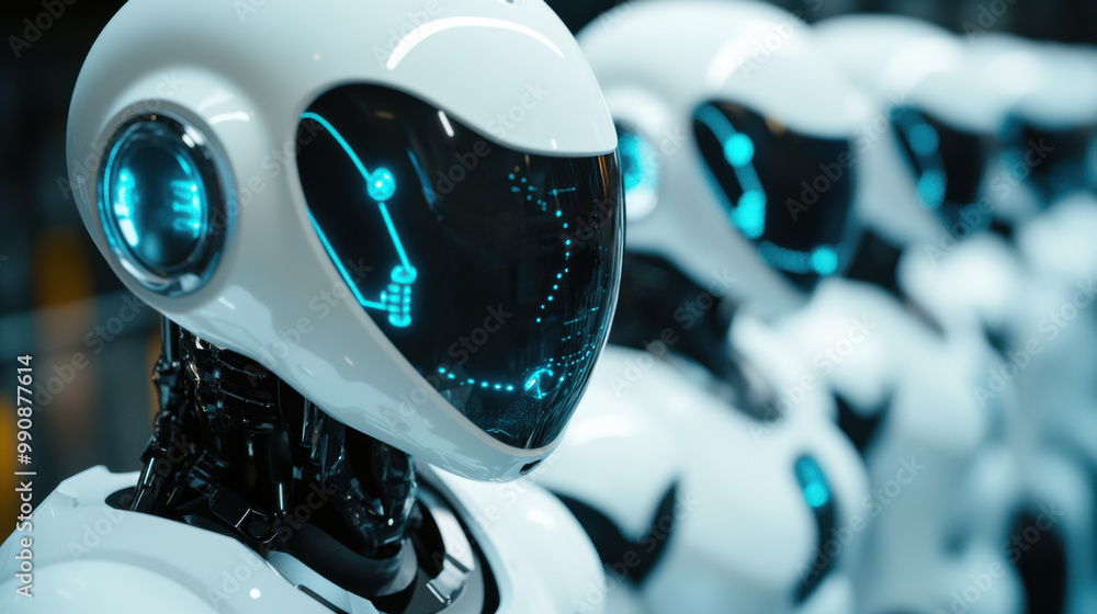 Poster robots with sleek designs and glowing blue accents stand in row, showcasing advanced technology and 