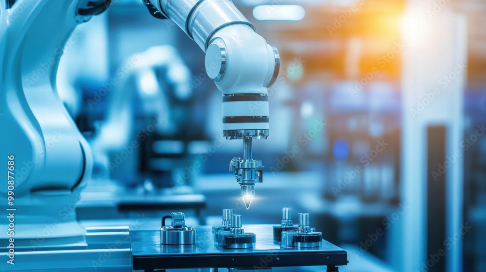 Poster automated robotic arm performing precision tasks in modern manufacturing facility, showcasing advanc