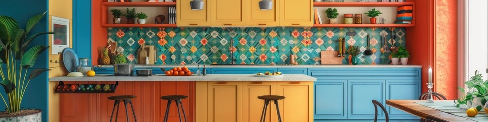 stylish retro-inspired kitchen in eclectic style,featuring teal cabinets, orange accents, and tropical plants