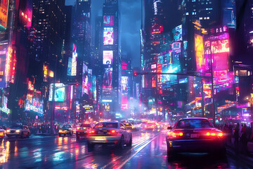 Fototapeta premium background with a bustling city road, featuring neon signs, busy traffic, and towering skyscrapers