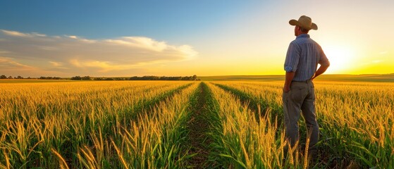 Fototapeta premium A farmer stands in a golden wheat field at sunset, reflecting on a productive day, with rows of crops stretching into the horizon.