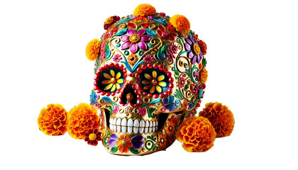 A vibrant sugar skull adorned with colorful floral patterns, representing the spirit of Día de los Muertos, celebrating life, death, and Mexican tradition. transperant background, generative ai