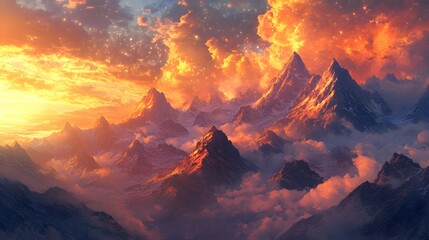 Majestic Mountain Range Bathed in Fiery Sunset Hues