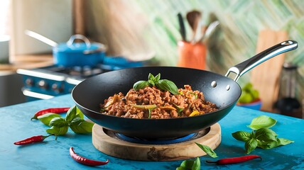 A close-up shot of a wok on a countertop with sauteed ground meat, peppers, and basil.