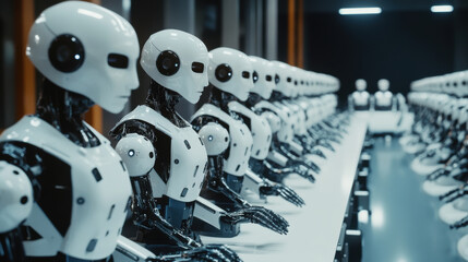 Fototapeta premium Robots lined up in futuristic workspace, showcasing advanced technology and collaboration. Their sleek design and precision highlight integration of robotics in modern environments
