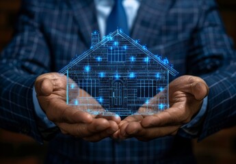 A person holds a holographic model of a house, showcasing modern real estate technology and innovation in urban settings