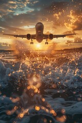 Airplane approaches landing at sunset over water, creating splashes and reflections in golden light