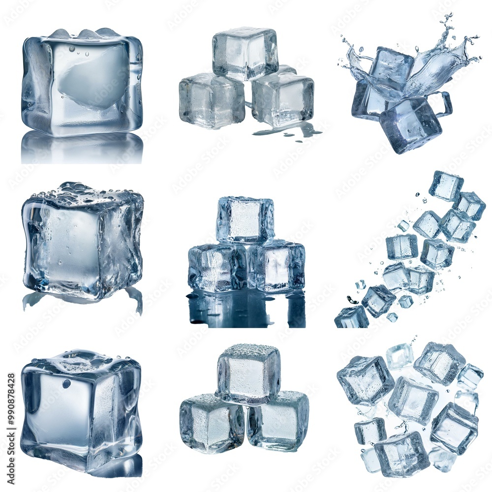 Aufkleber multiple ice cubes isolated on white background, some with water droplets and some splashing in wate