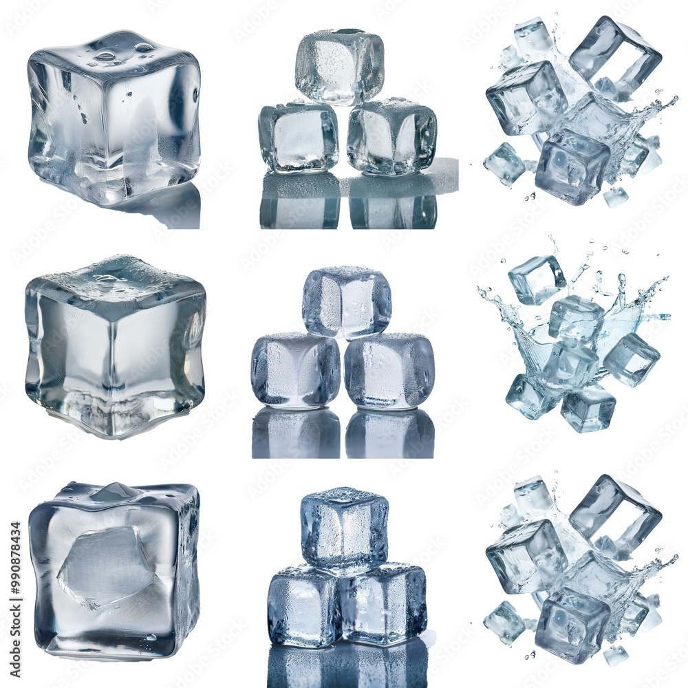 Fototapete multiple ice cubes in various configurations, some submerged in water, some isolated, and some with 